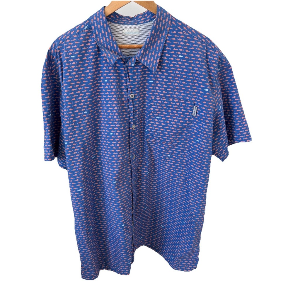 Columbia PFG Men XL Vented Blue Button Up All Over Print Fishing Outdoor Shirt